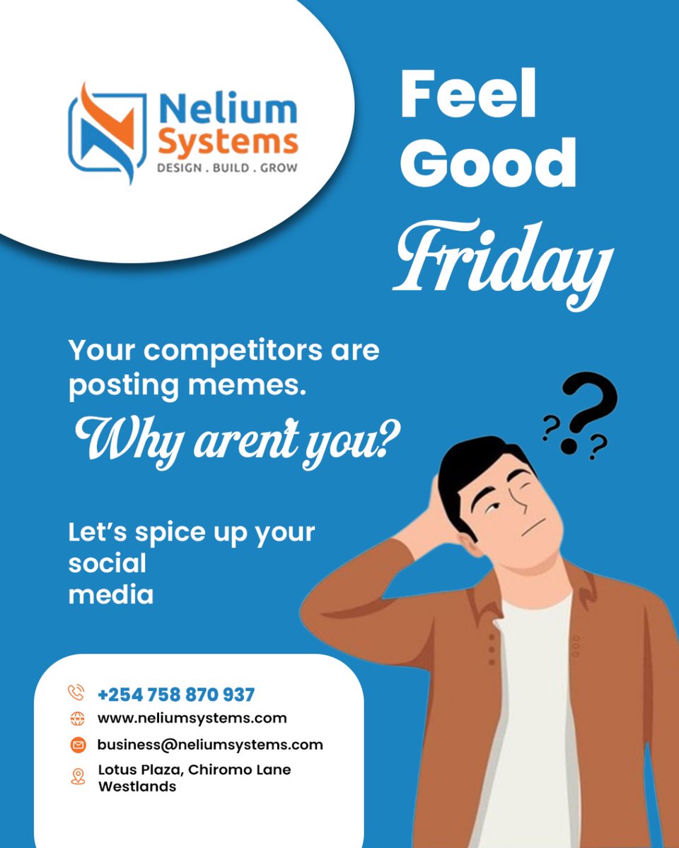 Nelium_Systems's tweet image. Your competitors are posting memes. Why aren’t you?
Let’s elevate your social media presence with content that drives engagement and growth.
Contact us:
+254 758 870 937
neliumsystems.com
 business@neliumsystems.com

#FeelGoodFriday #SocialMediaMarketing #BrandGrowth