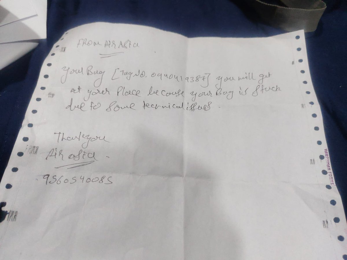 pawanaggarwal96's tweet photo. @airindia Thank you for responding.

PNR: N9LL5P

Flight: 15-231 (16 Nov 2025)

Bag Tag: 0940419387

PIR not issued but written promise for home delivery attached. https://t.co/XzZITg2fkJ
