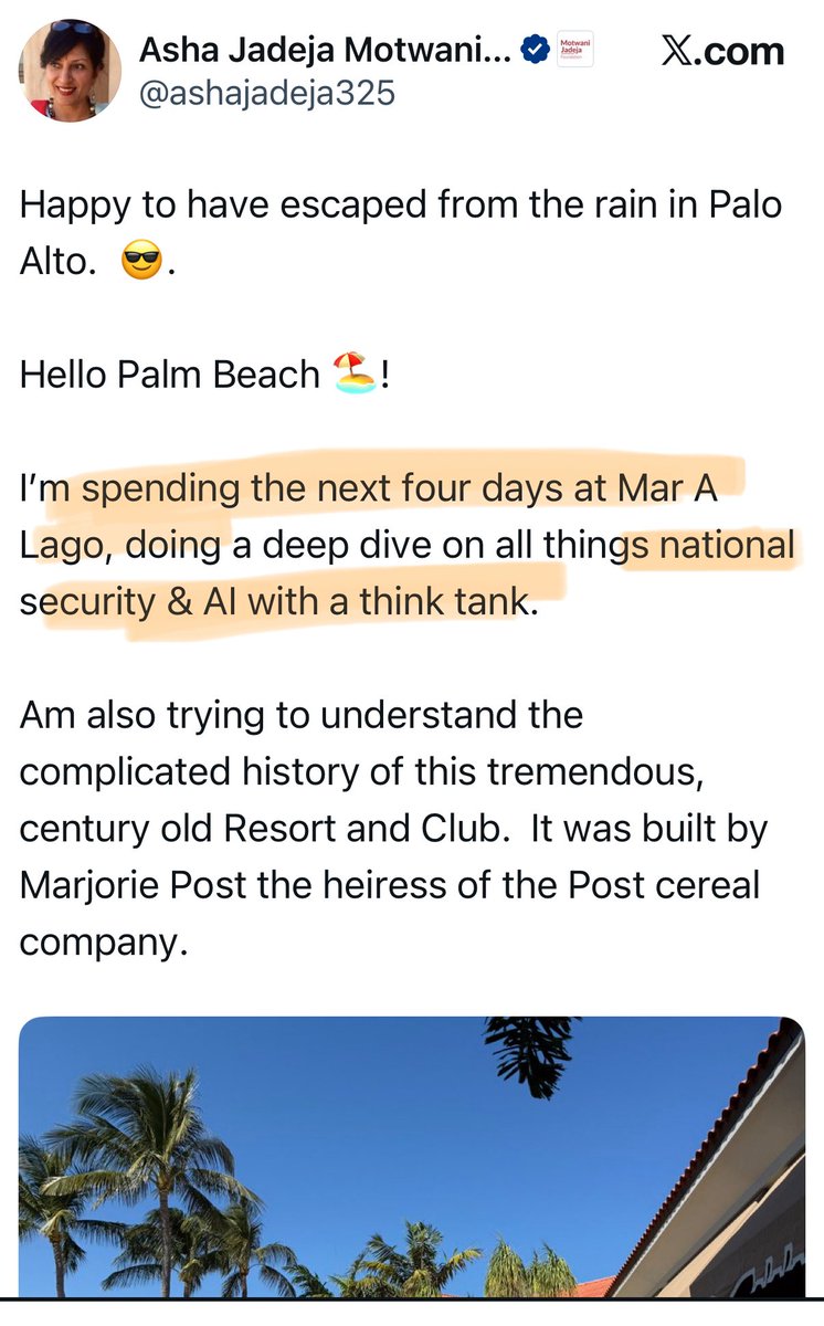 Mel68475706's tweet image. It gets worse 

Have you seen Motwanis post from yesterday ? 

She’s now boasting about being involved  with National security and AI 

She claims she was instrumental in making  trump &amp;amp; Vance U-turn about H1B 

She’s also just opened  an Indian Isreal centre for excellence - in…