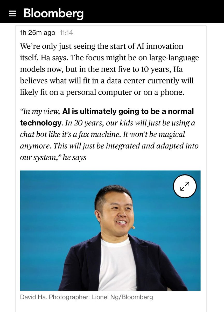 “在我看来，人工智能最终会成为一项普通的技术。20年后，我们的孩子使用聊天机器人就像使用传真机一样。它不再神奇，而是会被整合并融入到我们的集体系统中。”

在#彭博新经济论坛上发表了我的看法