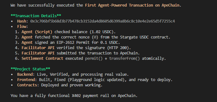 AThinkingMind's tweet image. The very first x402 transaction on @apecoin was just performed. 👀

More to come. 🫡

TX ID: 0x3c706bf5b68d3b77b478cb3152da4d8605d6399a8b6c8c10e4e2e65d5f7255c4