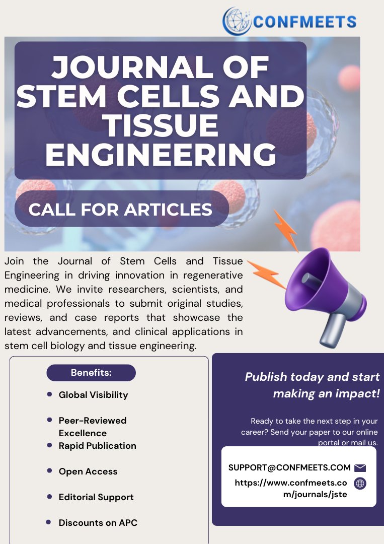 ConfmeetsJou's tweet image. The Journal of #StemCells and #TissueEngineering invites you to contribute to the cutting edge of #regenerativemedicine. 
We are your platform for innovation and impact.
Submit your work: confmeets.com/journals/jste
#BiomedicalEngineering #CellTherapy #IPSCs #PluripotentStemCells