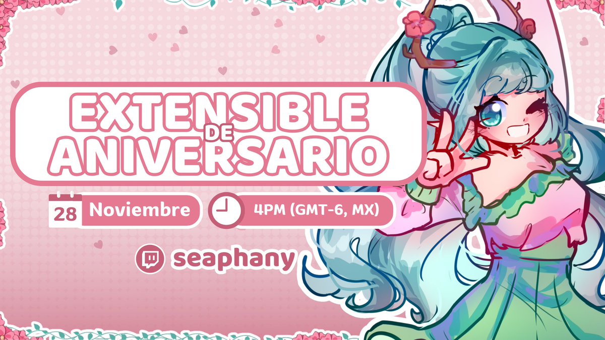 🪷; 𝐄𝐗𝐓𝐄𝐍𝐒𝐈𝐁𝐋𝐄 𝐃𝐄 𝐀𝐍𝐈𝐕𝐄𝐑𝐒𝐀𝐑𝐈𝐎 .ᐟ.ᐟ ⟡ ݁₊ .
Tenemos extensible el Viernes 28 de Noviembre para celebrar nuestro tercer aniversario. ¡No te lo puedes perder! 🎉

📅 𝟐𝟖 𝐝𝐞 𝐍𝐨𝐯𝐢𝐞𝐦𝐛𝐫𝐞
🕓 𝟒𝐏𝐌 (𝐆𝐌𝐓-𝟔, 𝐌𝐗)
#Vtuber #VtuberES #VTuberUprising