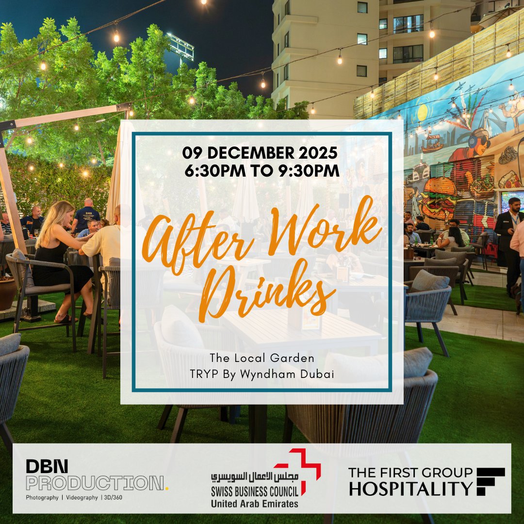 swissbcuae's tweet image. We look forward to welcoming you to the December edition of our After Work Drinks at our member venue -The Local Garden by First Group Hospitality.

Photos will be taken by DBN Production.
.
.
.
#afterworkdrinks #networkingevent #dubaievents #business