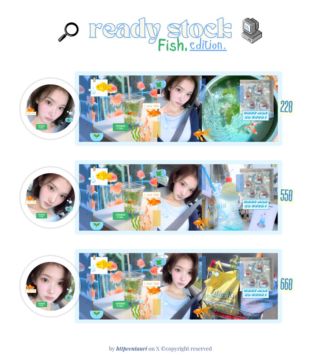 httpcentauri's tweet image. bole bantu repost ? xie xie !

haloo ! senta membawa ready stock murce layout ikan jiwoo carmen h2h ! bisa dijemput melalui dm ya ! avail to request ! 🐟🧊

#zonauang