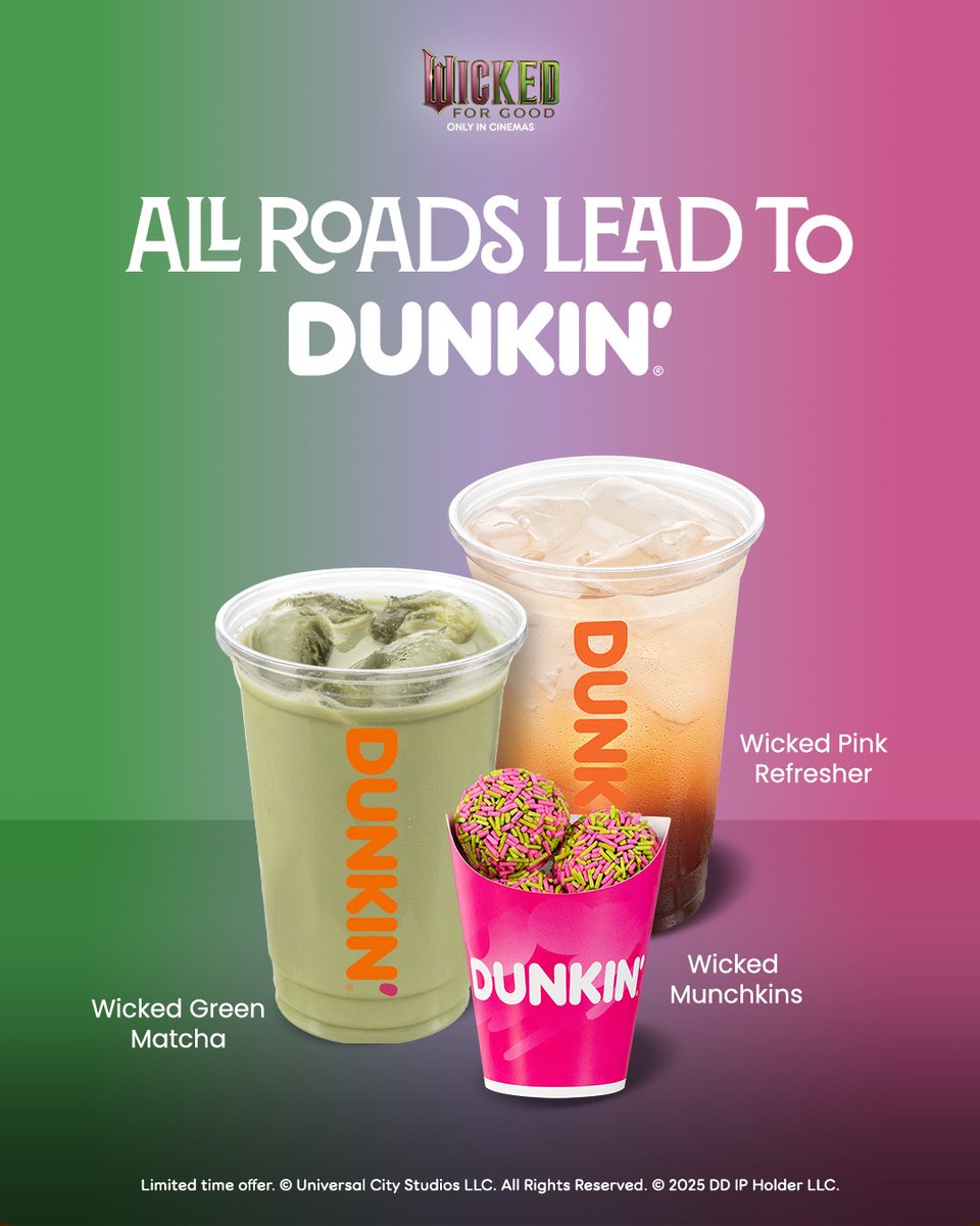 dunkinph's tweet photo. ✨ Taste the Oz-some flavors of 𝐖𝐢𝐜𝐤𝐞𝐝 Green Matcha, 𝐖𝐢𝐜𝐤𝐞𝐝 Pink Refresher, and 𝐖𝐢𝐜𝐤𝐞𝐝 Munchkins at Dunkin’! Catch 𝐖𝐢𝐜𝐤𝐞𝐝 for Good, ONLY IN CINEMAS. #WickedForGoodPH #DunkinPH💚💖 https://t.co/wDRfl43GiH