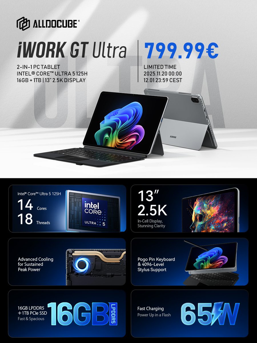 alldocube's tweet image. Ultra power for ultra you! The latest 2-in-1 tablet PC from ALLDOCUBE, the iWork GT Ultra, is here!

✅ 13” 2-in-1 Tablet &amp;amp; Laptop
✅ Windows 11
✅ Intel Core Ultra 5 125H, 14-core CPU
✅ 16GB LPDDR5 RAM + 1TB PCIe SSD
✅ 1600×2560 High-Resolution Display
✅ Full-featured USB 3.1…