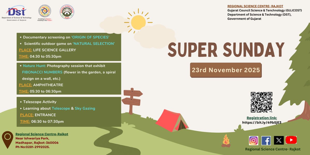 RSCRajkot's tweet image. #SuperSunday– 23rd Nov 2025 
🎥Doc screening #OriginofSpecies + Outdoor game #NaturalSelection Life Science Gallery
📸 Nature Hunt: #Fibonacci photography Amphitheatre
🔭Telescope activity &amp;amp; Sky gazing 
Entrance
📍 @RSCRajkot | Register Now: bit.ly/49b5jE3 #ScienceFun