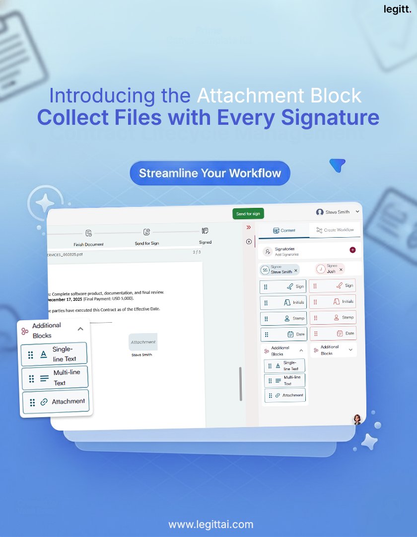 Legitthq's tweet image. New Feature Alert 🚀

Legitt AI now allows you to request attachments along with e-signatures using the Upload &amp;amp; Sign feature.

It’s a simple way to collect everything you need in one go - signatures + required documents!

Try the new update today.
legittai.com/electronic-sig…