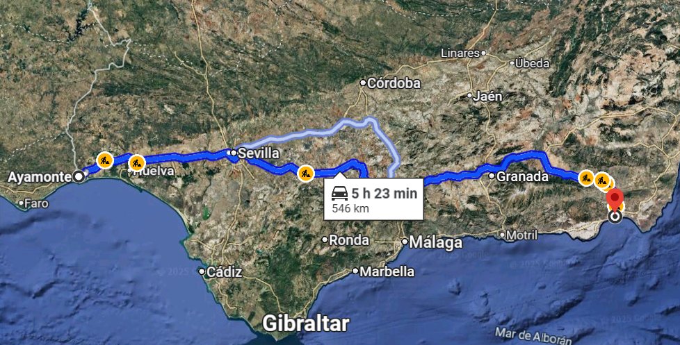 1⃣ Andalucía y sus comunicaciones interiores. Estamos ante la CA más poblada de España 8,7 M hab y la segunda en superficie (97.599 km2), la segunda de España solo tras Castilla y León, pero la distancia entre sus extremos es la mayor de España: 546 km de Ayamonte a Almería (5h