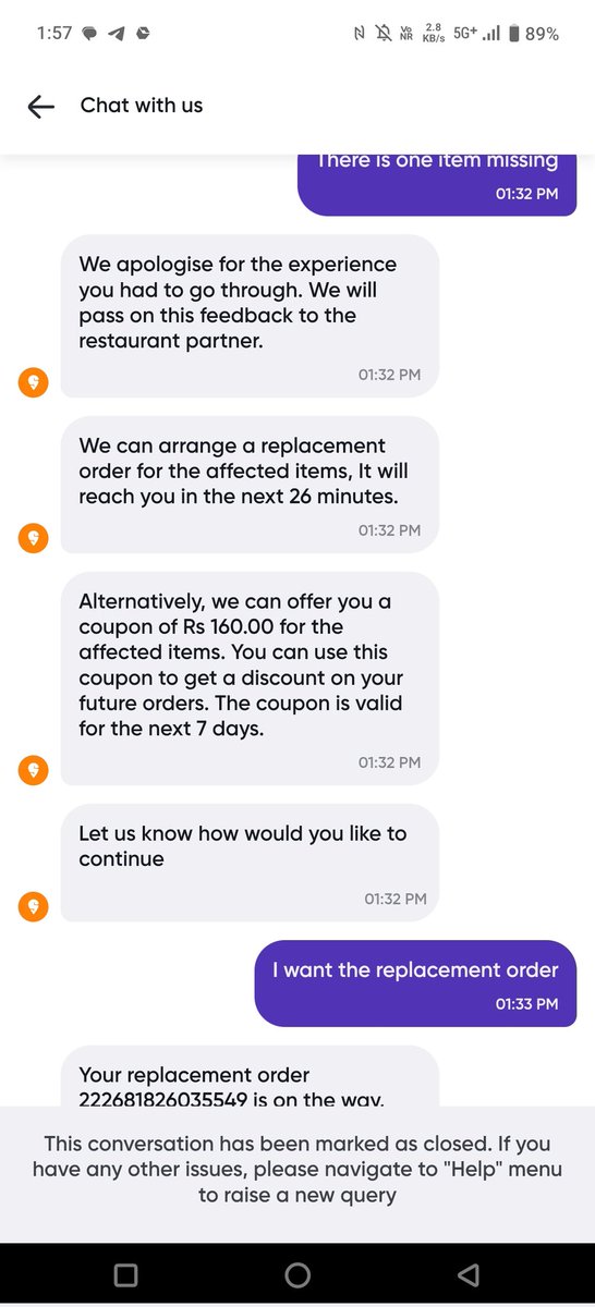 EliteTraderIn's tweet photo. @SwiggyCares what is this new scam going on Swiggy?? I placed a order with 3 items.1 items was missing I chat with them . They told they will reorder the missing item. Then the  replacement order got cancelled https://t.co/IlJaavSEUo