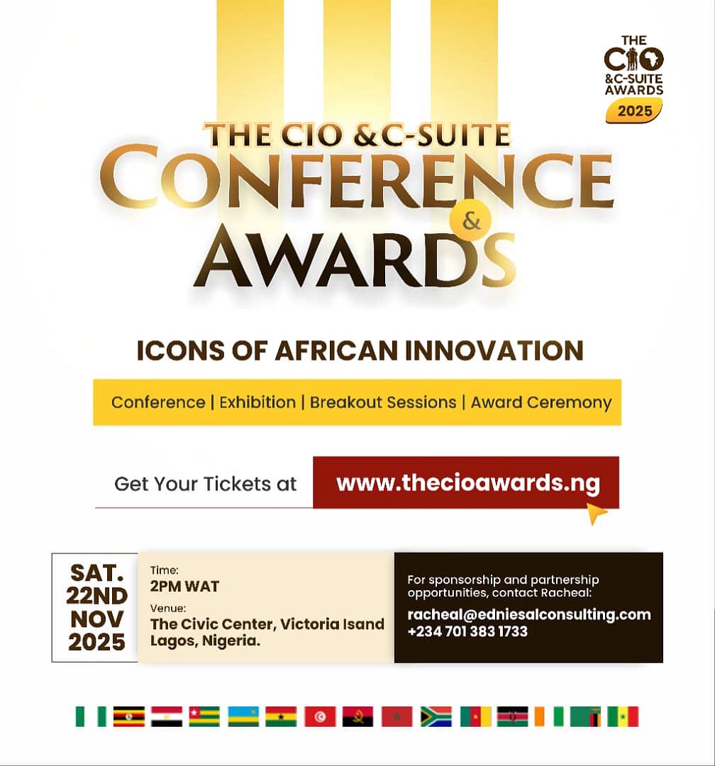 We’re excited to spotlight one of the continent’s most important leadership events — the CIO &amp; C-Suite Conference and Awards 2025, happening tomorrow, November 22!

Be part of the experience.
📅 22 Nov 2025 | 📍 Civic Center, VI, Lagos

Tickets here : thecioawards.ng
