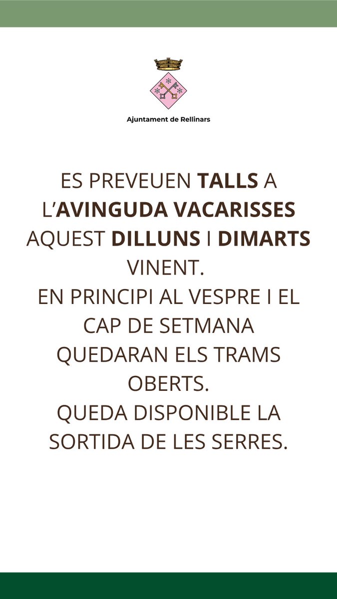 S'endarrereixen els talls de l'Avinguda Vacarisses a *dilluns* i *dimarts*