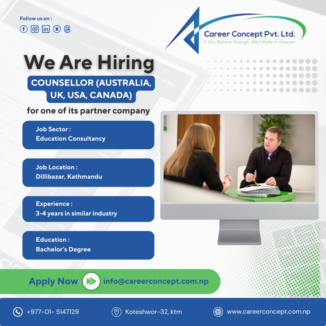 career_concept_'s tweet image. !!!Urgently Required!!!
Send your CV/Resume to info@careerconcept.com.np, mentioning a position you applied for.
Visit our website: careerconcept.com.np
#GraphicDesigner #CreativeDesigner #VisualDesigner #EducationCounsellor #UKCounsellor #NewZealandCounsellor