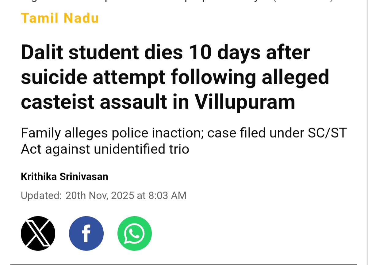 lokeshbag67's tweet image. 18 yr old Dalit student S. Gajini has died days after facing assault &amp;amp; caste abuse from three men from Vanniyar community.

He attempted suicide three days after the assault and succumbed to his injuries after ten days in the ICU.

Another life lost to caste violence.