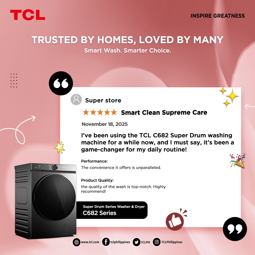 TCLPH's tweet image. If you’re looking for a sign to upgrade your laundry routine, this is it 🙌🏻 Thank you for sharing your feedback on the newest TCL C682 Super Drum Washing Machine, your partner for all things super in laundry care.

#TCLTrustedByHomesLovedByMany #TCLCustomerReviews #TCLWashPro