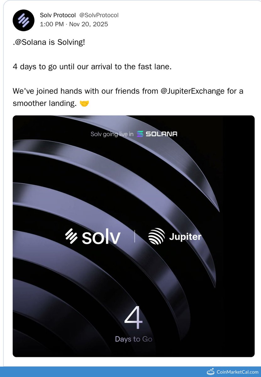 cmcal_bot's tweet image. 🆕 New Solv Protocol $SOLV event! 
 
24 Nov 2025 
Solana  
 
Source: coinmarketcal.com/en/event/solan…