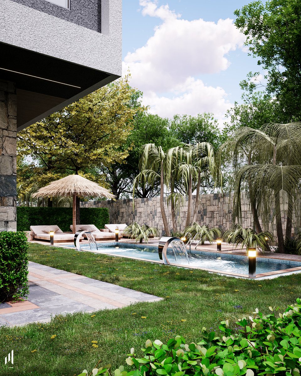 MEGAMAN638's tweet image. Wooden deck, thatched umbrella, plush loungers &amp;amp; a sleek waterfall pool 
Pure tropical 
#BackyardGoals #PoolDesign #TropicalVibes #LuxuryLiving #OutdoorOasis #SummerReady