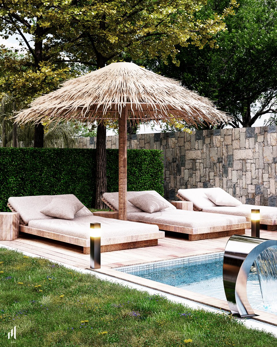 MEGAMAN638's tweet image. Wooden deck, thatched umbrella, plush loungers &amp;amp; a sleek waterfall pool 
Pure tropical 
#BackyardGoals #PoolDesign #TropicalVibes #LuxuryLiving #OutdoorOasis #SummerReady