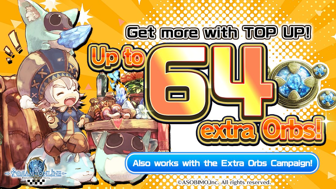 asobimo_en's tweet image. 💎It&apos;s a great time to Top Up for Toram Online!
Get up to 64 bonus Orbs from this limited-time campaign on now! 💥

⏰ 4 Rounds:
① November 21 16:00 – November 22 15:59 (JST/GMT+9)
② November 22 16:00 – November 23 15:59 (JST/GMT+9)
③ November 23 16:00 – November 24 15:59…
