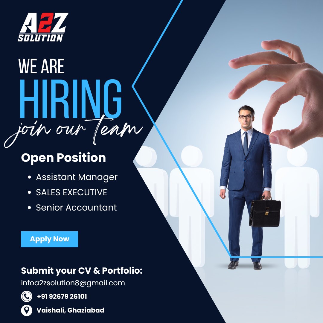 SunderBhati01's tweet image. 💼 A2Z Solution – We’re Hiring!
Join our growing team and build your career with us.

📌 Open Positions:
• Assistant Manager
• Sales Executive
• Senior Accountant

📩 Submit your CV &amp;amp; Portfolio:
infoa2zsolution8@gmail.com

#A2ZSolution #HiringNow #JobVacancy