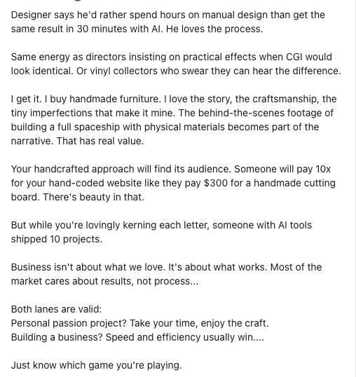 indrazulfi's tweet photo. Paradox menarik yang aku tangkap dari kejadian yang kemarin para techbros alami. Yaitu sebagian (entah banyak-dikit) ngerasa "Pake AI" itu cheating. 

Kenapa bisa gini ?  Alasan paling kuat IMHO, adalah "Effort = Value" Mindset.  

Sebagian dev ngerasa coding bukan cuman job, its crafting something. Ada kepuasan sendiri ketika bisa solving complex problem, nulis elegant code dari scratch, mastering system yang complex. 

Ngerasa "struggling" itu yang bikin valuable. Debugging berjam-jam, belajar algoritma complex, bikin semuanya dari Nol, itu semua jadi "perjuangan" untuk dapet badge of honor.  

Kayak "Gue belajar since a child trus sekarang mesin bisa lakukan itu dalam hitungan menit?", rasanya devalue skills yang udah susah payah dipelajari.  

Sentiment ini kayaknya yaa, kayaknya muncul dari "discomfort" terhadap perubahan.  

Padahal yang aku rasa ya strugglingnya sama, tetep ada, cuman ya shifted aja. Ya balik lagi kalo pilihannya gamau pakai AI silahkan, but kalo yang pakai AI dihina yaa aku rasa thats bad.  

Aku attach post dari former CEO aku, yang aku banyak belajar dari orang ini. yang productnya dibeli shutterstock di tahun 2015. Kali-kali bisa jadi insights baru. :)