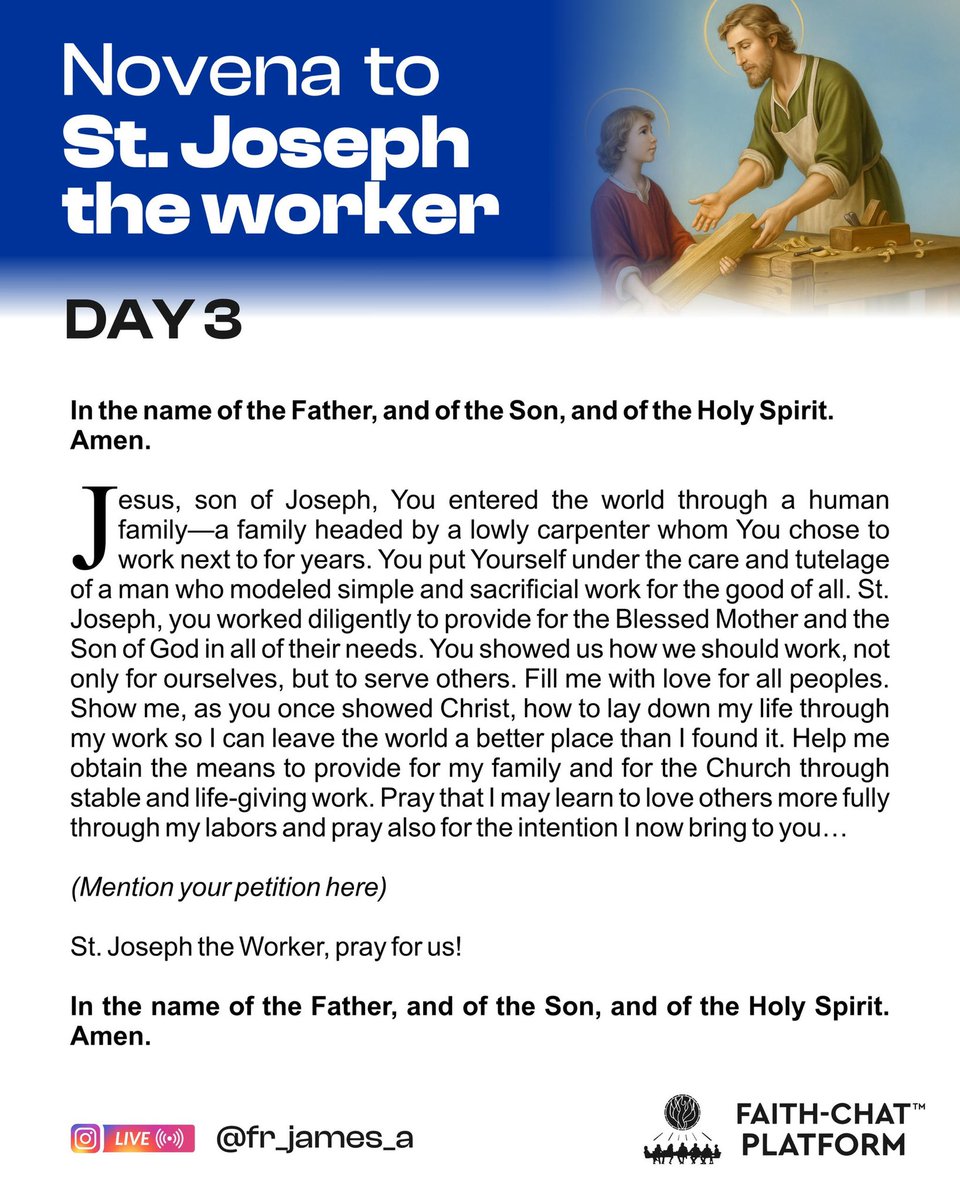 frjamesa's tweet image. Day 3

DAILY PRAYER TO ST. JOSEPH 

To you, O Blessed Joseph, we come in our trials, and having asked the help of your most holy spouse, we confidently ask your patronage also. Through that sacred bond of charity which united you to the Immaculate Virgin Mother of God and through…