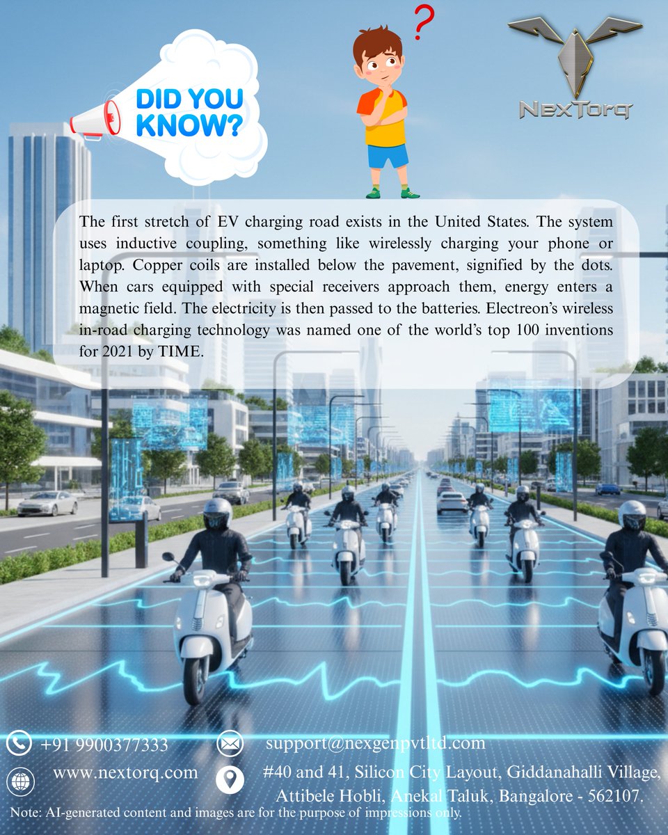 nex_torq's tweet image. ⚡ Did You Know?
Wireless in-road EV charging uses inductive coils under the road to charge vehicles as they move — just like wireless phone charging!
The future of smart, clean mobility is here. 🌱🚗⚡
#EVTechnology #WirelessCharging #Nextorq #ElectricVehicles #GreenMobility