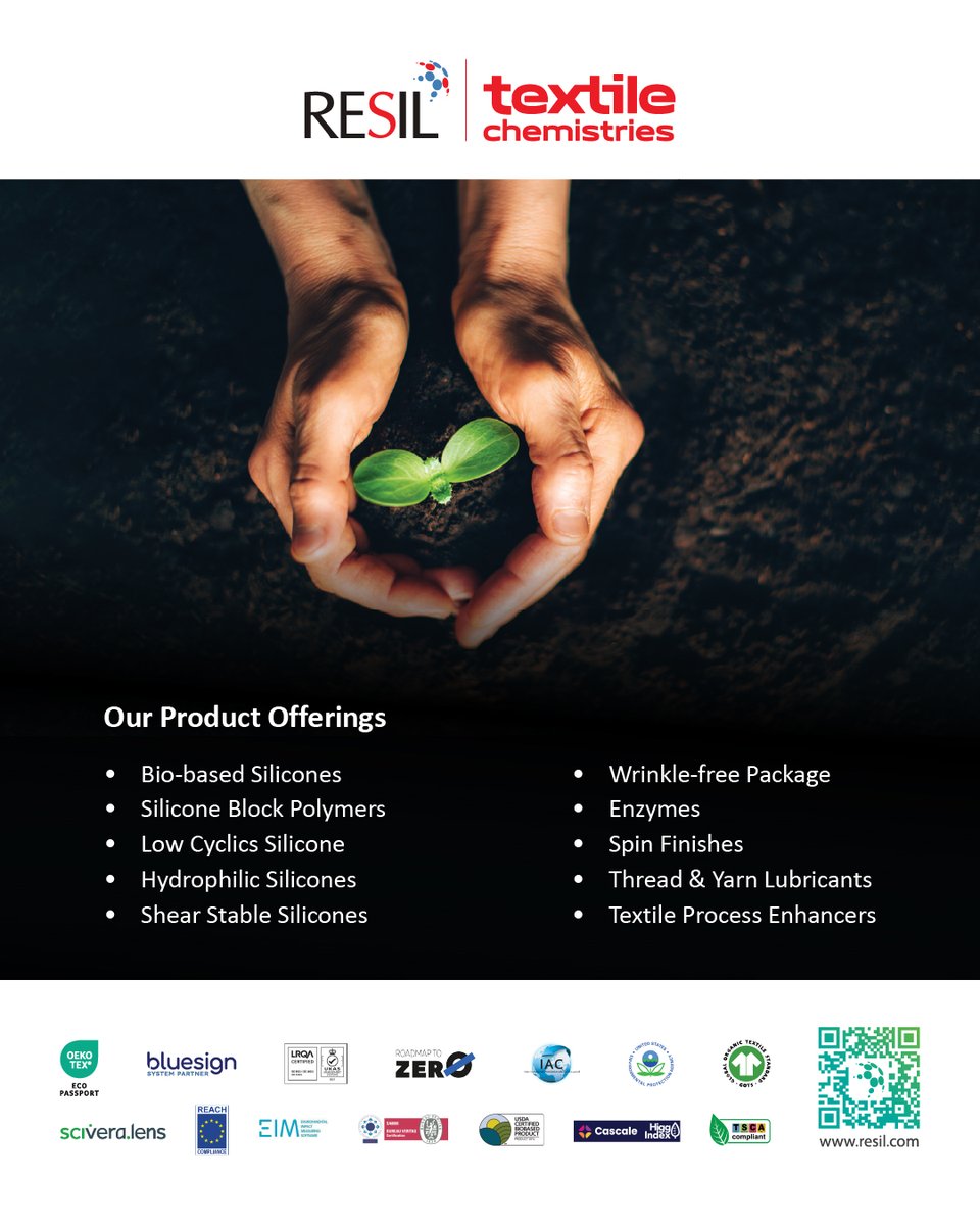 MagazineTextile's tweet photo. Resil is transforming textile chemistry with sustainable and high-performance solutions! 🌿✨
From bio-based finishes to advanced antimicrobials, innovation drives every step.
𝐋𝐞𝐚𝐫𝐧 𝐦𝐨𝐫𝐞: https://t.co/5LQPWru49w
#Resil #ScienceForChange #SustainableTextiles #Innovation https://t.co/8x1daeTYtG