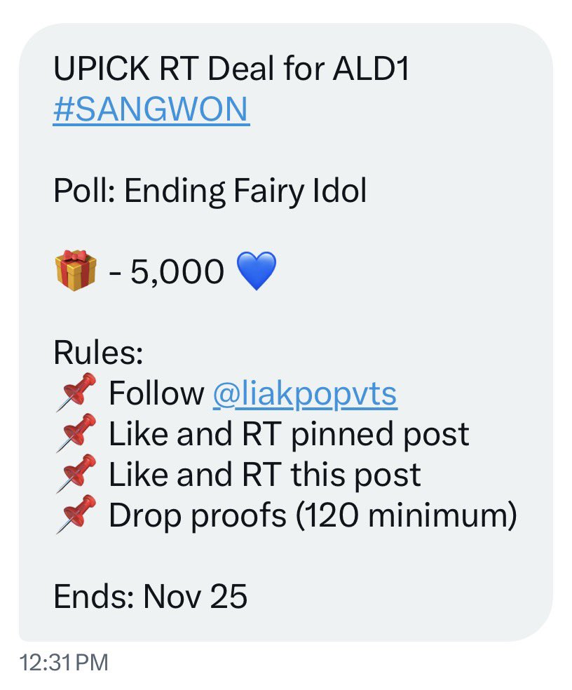 kimgwtruther's tweet image. UPICK RT Deal for ALD1 #SANGWON

Poll: Ending Fairy Idol

🎁 - 5,000 💙

Rules:
📌 Follow @liakpopvts
📌 Like and RT pinned post
📌 Like and RT this post
📌 Drop proofs (120 minimum)

Ends: Nov 25