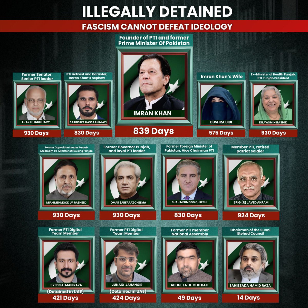 پی ٹی آئی رہنماؤں کو جھوٹے مقدمات میں پھنسا کر
حق کی تحریک کو کمزور کرنے کی کوشش کی جا رہی ہے۔
مگر وہ سب آج بھی اسی استقامت سے عمران خان کے نظریے کے ساتھ کھڑے ہیں۔
فسطائیت اور ظلم کے یہ حربے قوم کو مزید بیدار کر رہے ہیں۔

#ملاقات_سے_کیوں_ڈرتے_ہو
#یوم_سیاہ