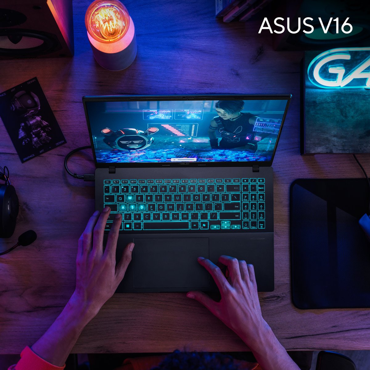 The neon-lit Futuristic Keycaps instantly make the #ASUS V16 stand out. The transparent WASD keys are super easy to spot, giving you smooth, effortless control in every game. Learn More 🔗 au.asus.click/uwsjsf