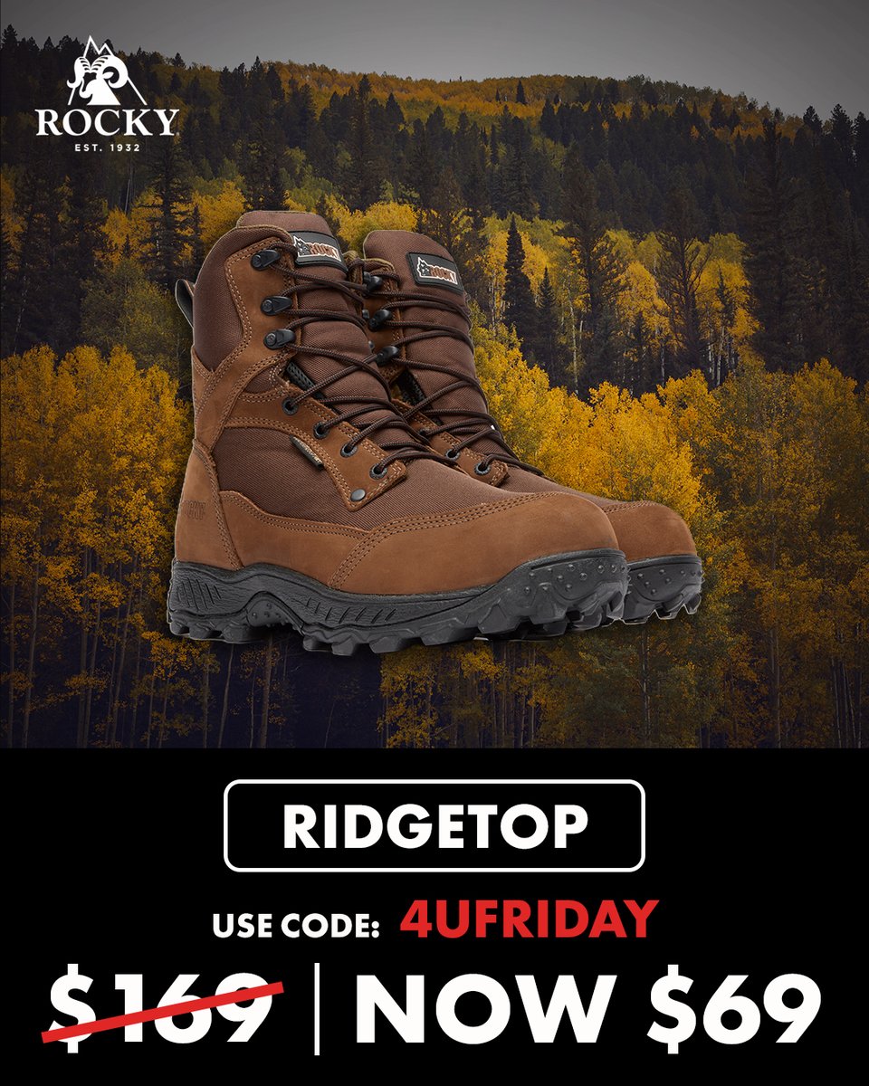 🚨 3 Days Only! 🚨

Grab the Rocky® Ridgetop 600-gram waterproof hunting boots for just $69 — originally $169! 🥾🔥
Stay warm, dry, and ready for any terrain.

Use code 4ufriday at checkout > ow.ly/UXl750XugjC