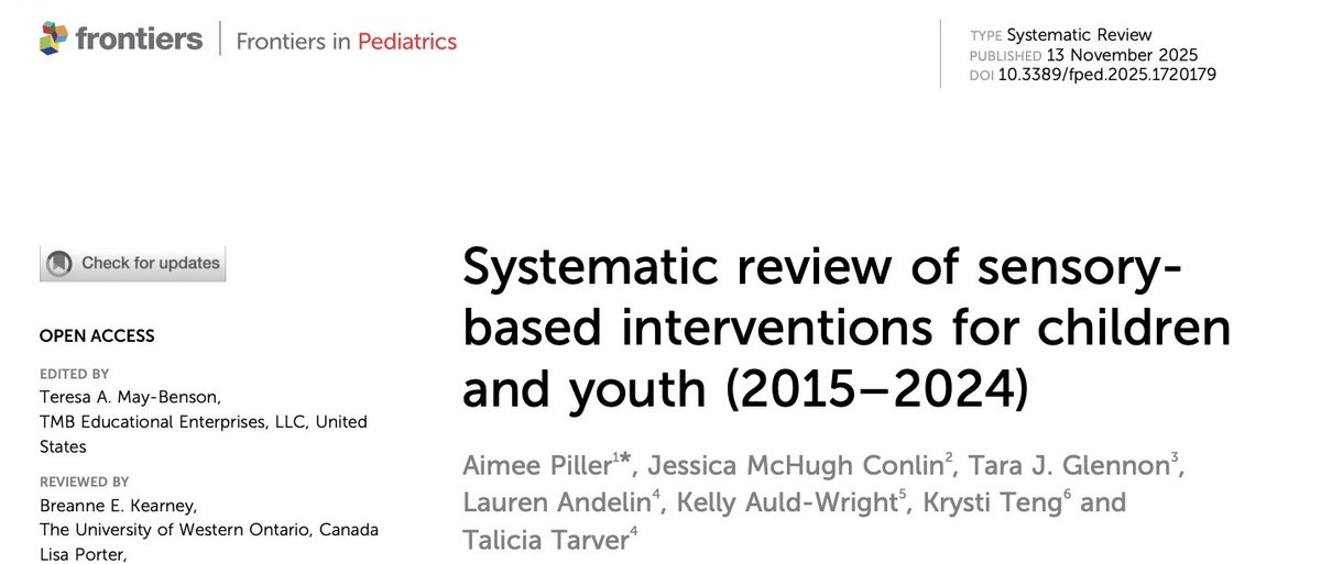 SINetwork's tweet image. This new systematic review evaluated and summarised current evidence on the effectiveness of sensory based interventions on functional outcomes and participation for children and young people (0-21 years) with sensory processing differences. 

doi.org/10.3389/fped.2…