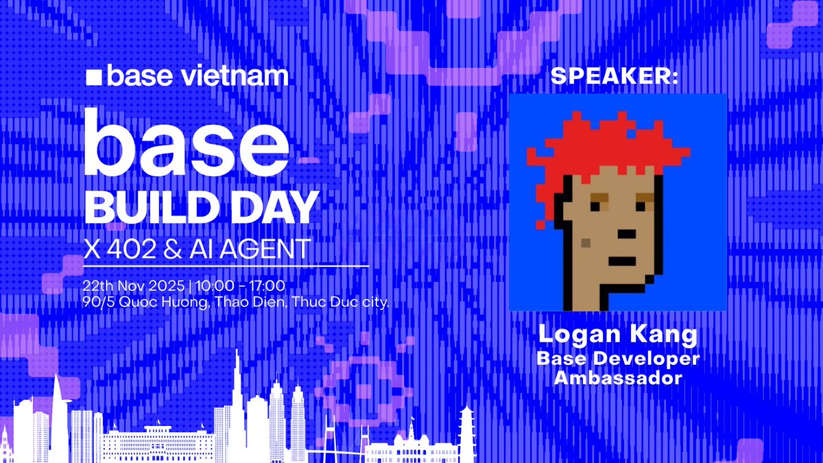 base_vietnam's tweet photo. BASE BUILD DAY HCMC: x402 & AI Agents on Base
Base Vietnam is excited to welcome Logan Kang @Lo_gan__ - Base Developer Ambassador, one of the most active contributors helping developers explore and build intelligent onchain applications with AI agents.
Logan will be joining us online for a special keynote at Base Build Day @base @buildonbase
🎙 Keynote (10 minutes): “Overview: AgentKit and x402 on Base”
In this session, Logan will dive into:
✨ How AgentKit empowers developers to build autonomous AI agents that can interact directly with Base
✨ Why x402 is emerging as a must-watch narrative for builders working at the intersection of AI and onchain execution
✨ Real-world possibilities unlocked by combining AgentKit + Base, from automated workflows to next-gen user experiences
✨ Guidance for early-stage builders: what matters most when building AI-native applications on Base today
If you're a developer, founder, or simply exploring the next wave of onchain AI, this is a keynote you won’t want to miss.
📅 Date: Saturday, Nov 22 | 10:00 – 17:00
📍 Location: 90/5 Quoc Huong, Thao Dien, Thu Duc City, HCMC
🎟 Register now: https://t.co/CYcHrp7S0t
👉 Join us to build, network, and learn directly from real builders shaping the future of Base.