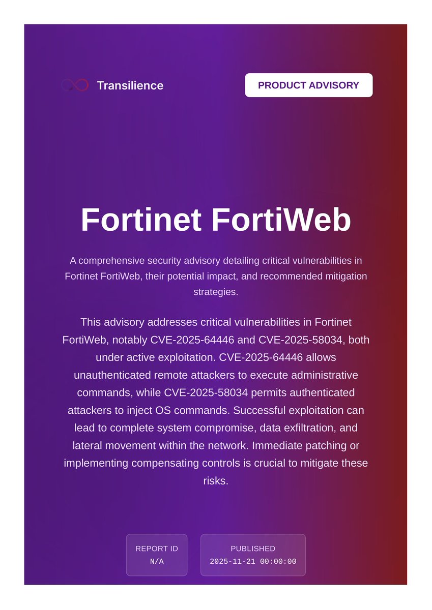 transilienceai's tweet image. 🚨 Fortinet FortiWeb [—] Nov 21, 2025 A comprehensive security advisory detailing critical vulnerabilities in Fortinet FortiWeb, their potential impact, and recommended mitigation strategies. Checkout our Threat Intelligence Platform: threatintel.transilience.cloud...