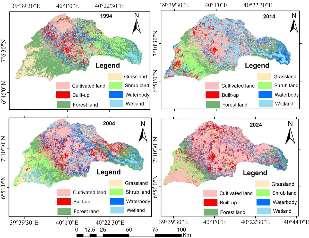 GeospatialRF's tweet image. Spatiotemporal Dynamics of Land #LULC Change and its Effects on Land Surface Temperature in the Weyib Watershed, South-Eastern Ethiopia Using #Landsat imagery from 1994, 2004, 2014, and 2024.
Details: linkedin.com/feed/update/ur…

Map credit; Kanenus Fufa Dararo
