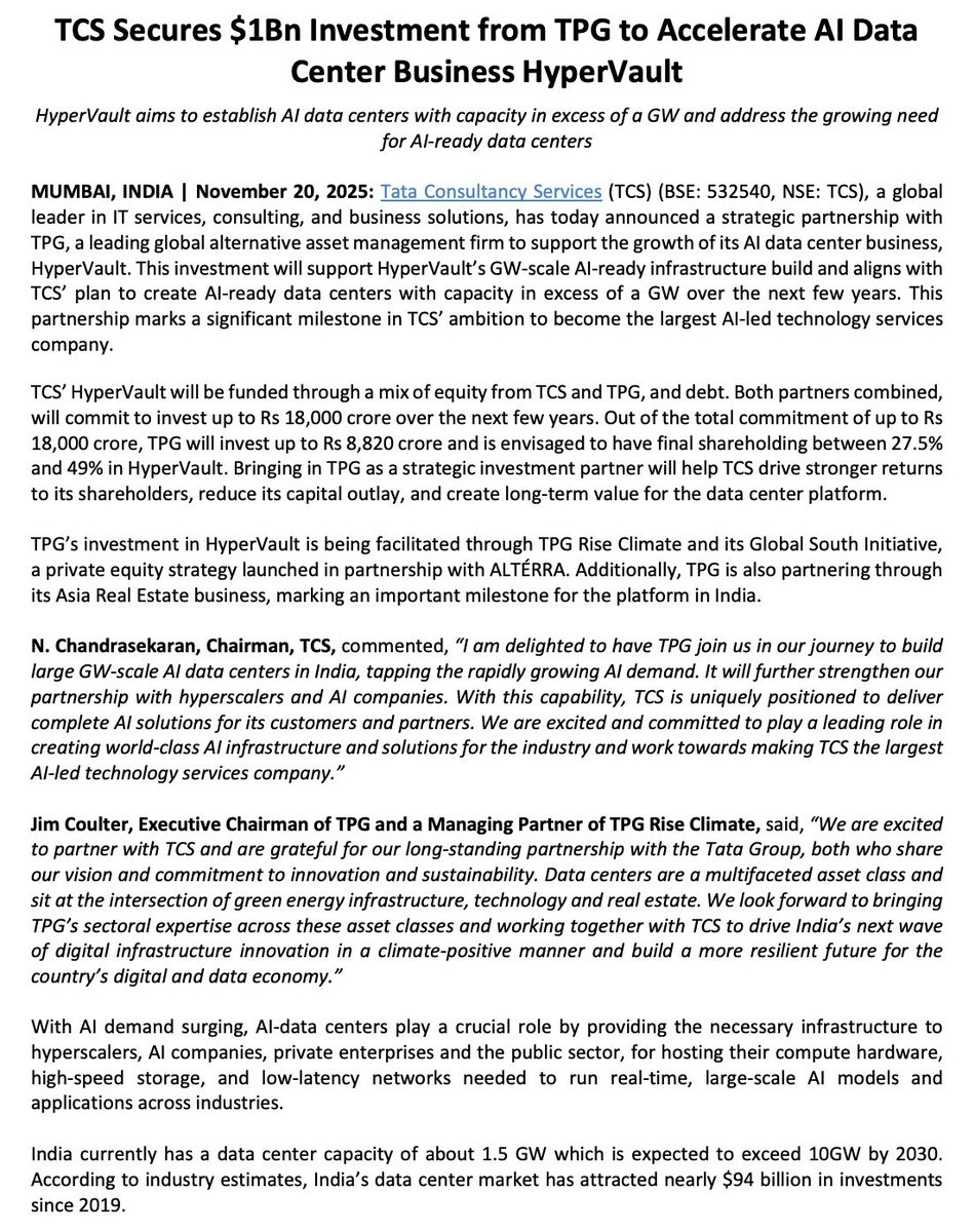 SmartSyncServ's tweet image. TCS secures $1 billion investment from TPG to accelerate AI data centre business

TCS has announced a strategy partnership with TPG to support the growth of its AI data centre business, Hypervault.

This aligns with TCS&apos; plan to create AI-ready data centres with capacity in…