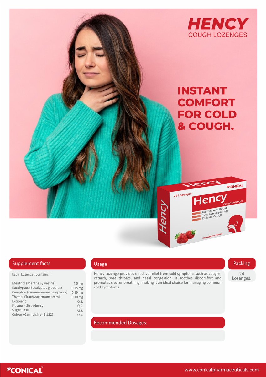conicalphama's tweet image. We’re a GMP-certified manufacturer &amp;amp; exporter in India offering Hency Cough Lozenges; each lozenge delivers 8 mg Eucalyptus, 6 mg Camphor &amp;amp; 4 mg Menthol for fast relief.

 #CoughReliefManufacturer #PharmaExporter