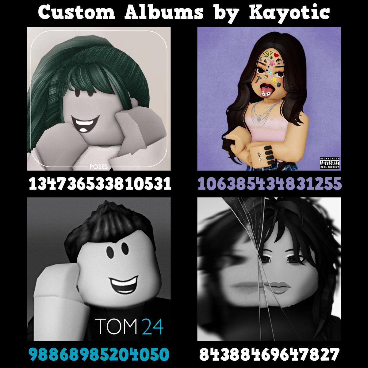 KayoticNeutral_'s tweet photo. Made some custom covers for the new wall mounted albums. They are uploaded as decals, so feel free to use them in your builds! If you have any recommendations for other albums to do, let me know in the comments. 👇
-
#bloxburgupdate #bloxburgdecals #bloxburg #welcometobloxburg https://t.co/yRpxYqO6aR