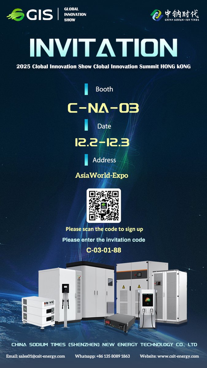 CSITEnergy's tweet image. We’re thrilled to announce that we’ll be exhibiting at the ‌Hong Kong GIS Expo 2025‌!

📅 ‌Date‌: December 2–3, 2025
📍 ‌Location‌: AsiaWorld-Expo, Hong Kong
🛒 ‌Booth Number‌: C-NA-03

Join us to explore cutting-edge sodium ion battery solutions! #GISExpo2025 #HongKGIS