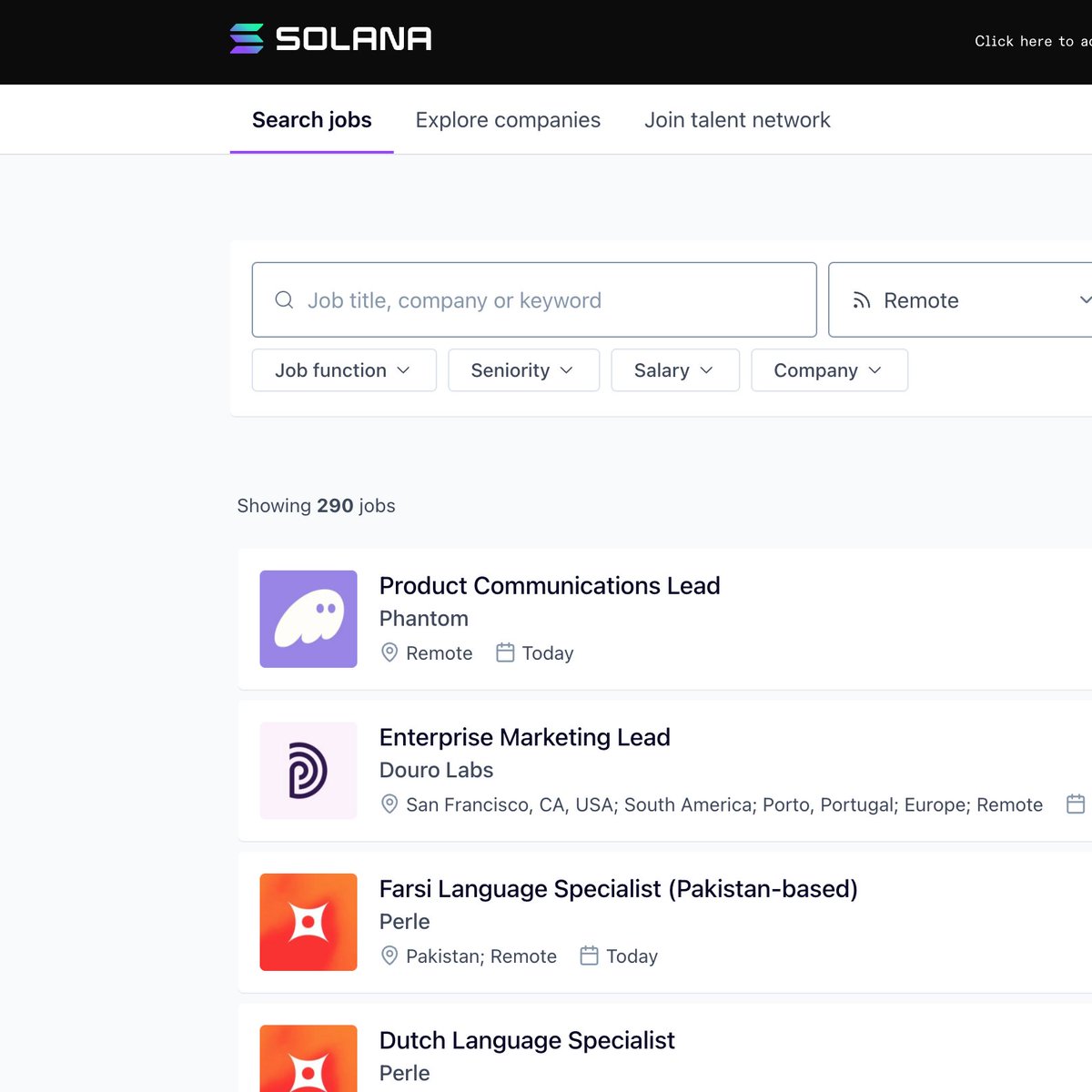 원격 기회 290개를 보여주는 솔라나 채용 게시판 스크린샷