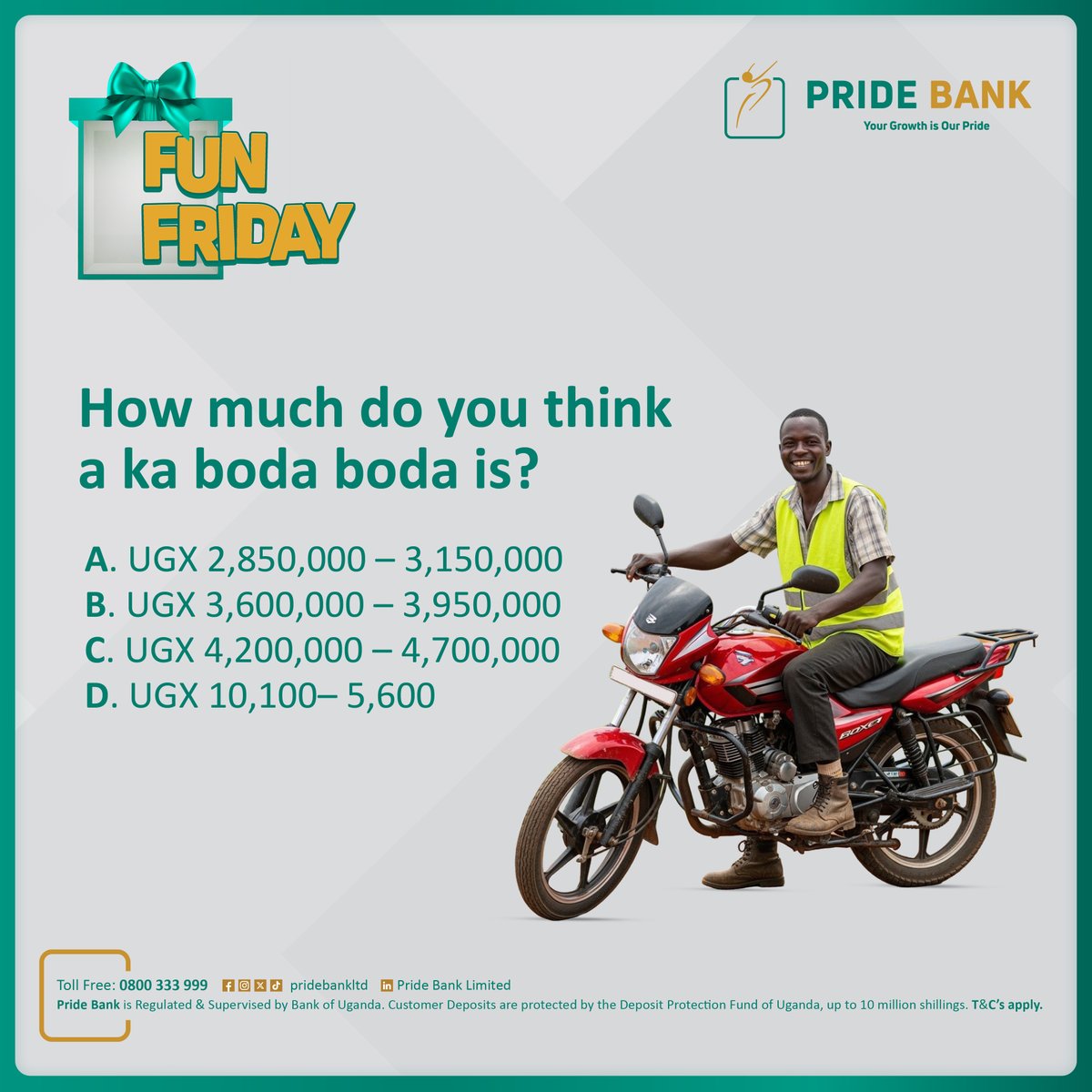pridebankltd's tweet image. Eh, in this economy, boda olowooza yameka? 🤔💸​
 Winner gets bragging rights till next Friday! 😎 😂👇​

#TakePride  #PrideAt30  #FunFriday   #MalayoNePride