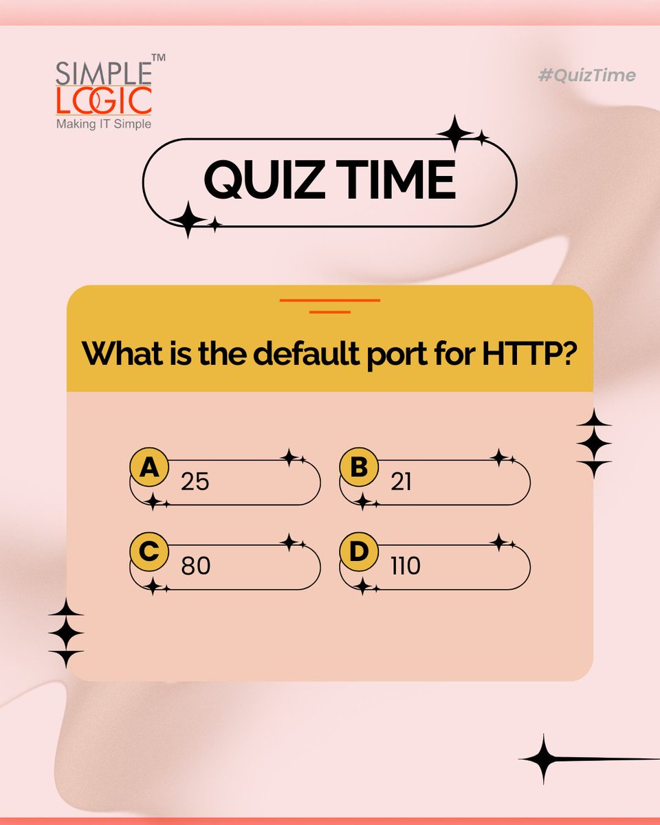 SimpleLogic_IT's tweet image. #QuizTime
What is the default port for HTTP?

A) 25📩
B) 21🔌
C) 80🌐 
D) 110✉️

Comment your answer below👇

#quiztime #testyourknowledge #brainteasers #triviachallenge #thinkfast #port #http #makeitsimple #simplelogicit #simplelogic #makingitsimple #itservices #itconsulting