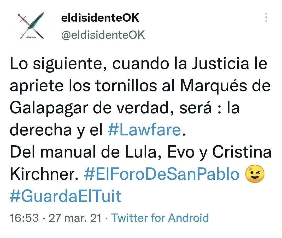 Miren por dónde. 2021. El marqués se  escapó antes. La Justicia le terminó apretando los tornillos al N° 1, y la estrategia, es la misma.
Porque son lo mismo.
El manual del Foro de San Pablo.
