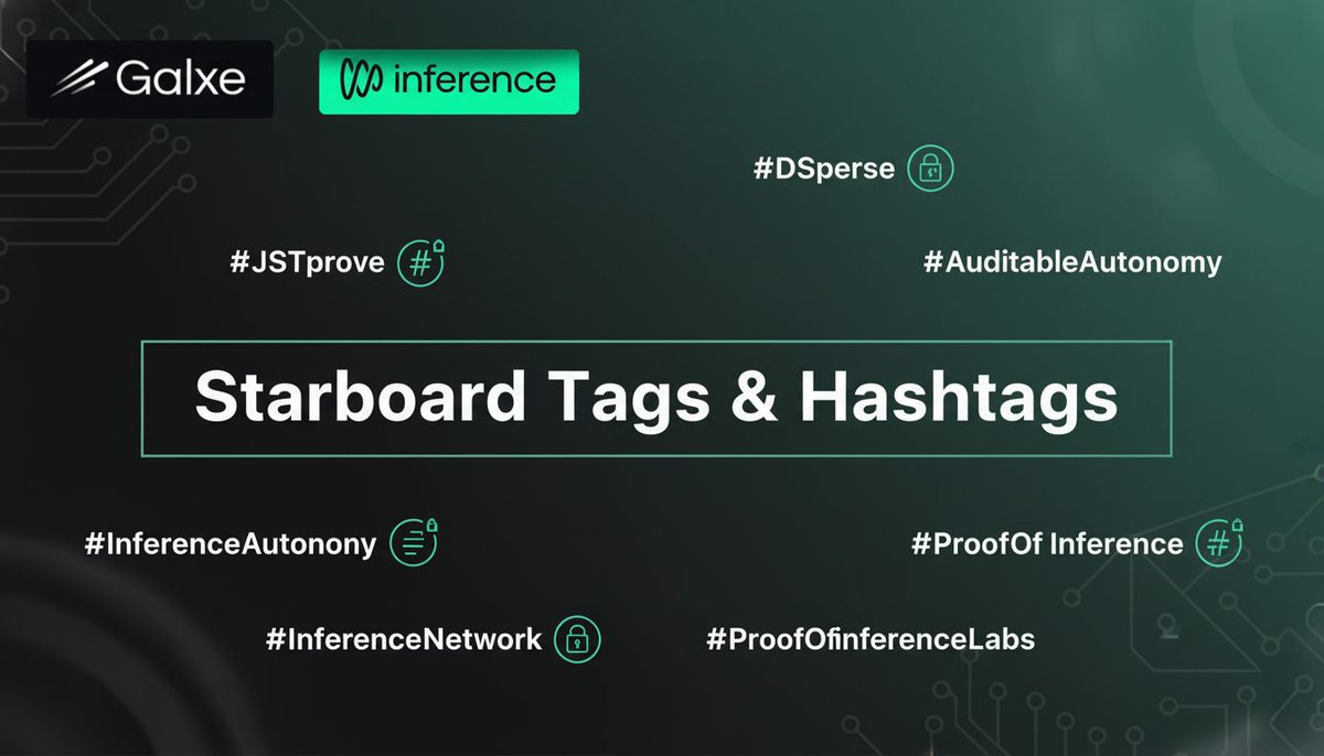 murtaza_sal's tweet photo. Starboard Tags & Hashtags 🎯
Use hashtags related to your post topic.
Example:
 #JSTprove #DSperse #AuditableAutonomy #InferenceNetwork #ProofOfInference #VerifiableAI
Mention account: @inference_labs  ✅

Tip: Using relevant hashtags with the Inference Labs mention ensures your post is auto-ranked correctly.