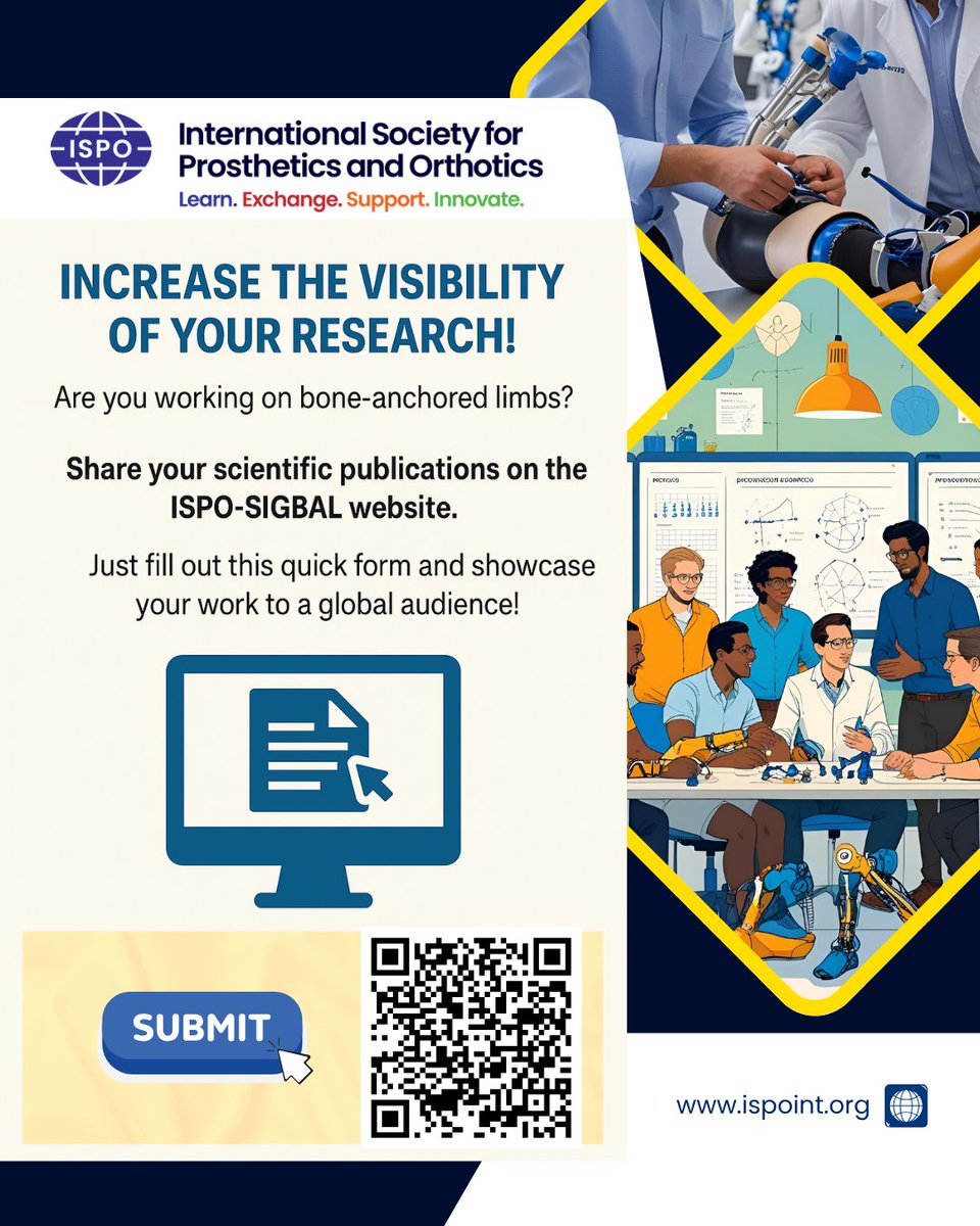 ISPO_int's tweet image. Are you working on bone-anchored limbs? Share your scientific publications on the ISPO-SIGBAL webpage. 

Just fill out this quick form and showcase your work to a global audience: ispoint.org/special-intere…

📩 For more information, contact: laurentfrossard@outlook.com