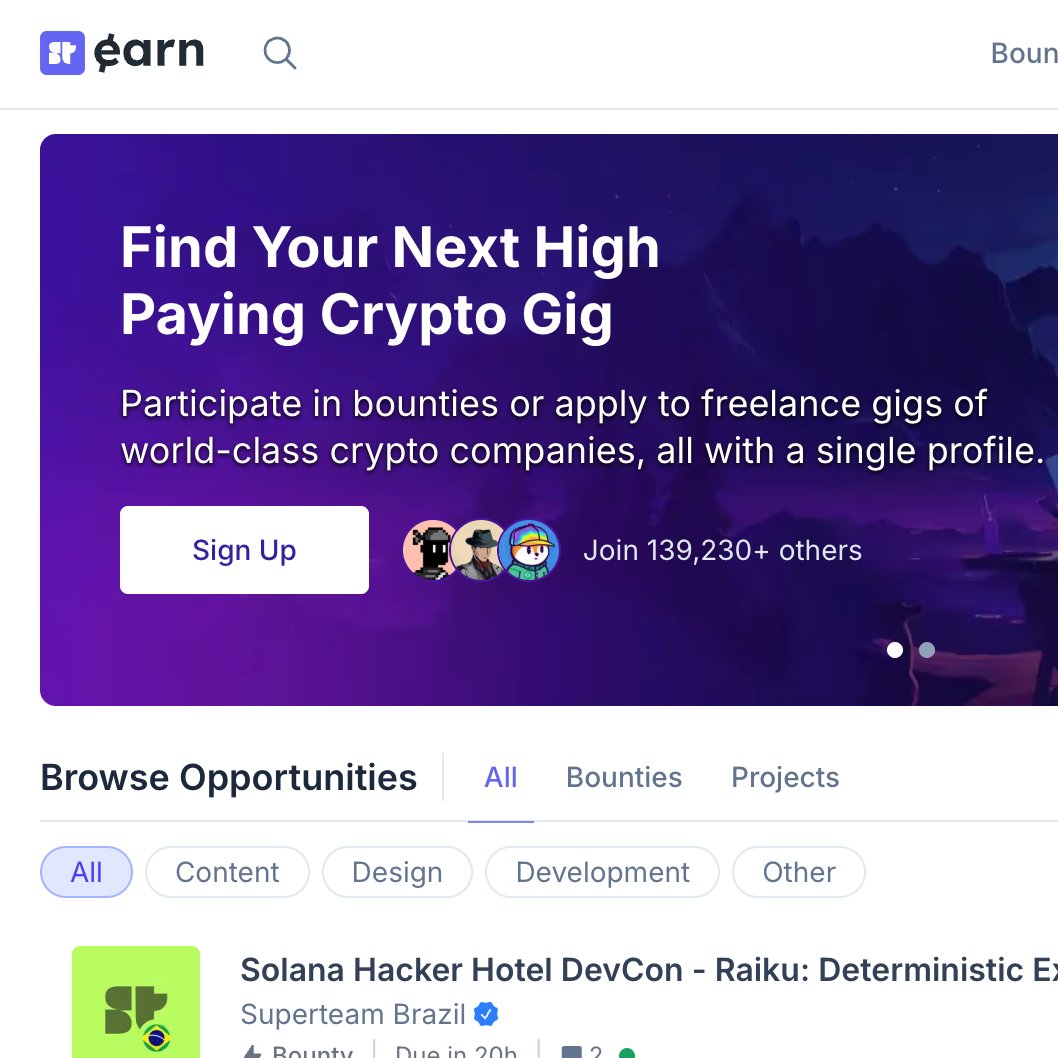 바운티와 기그가 표시된 Superteam Earn 플랫폼 스크린샷