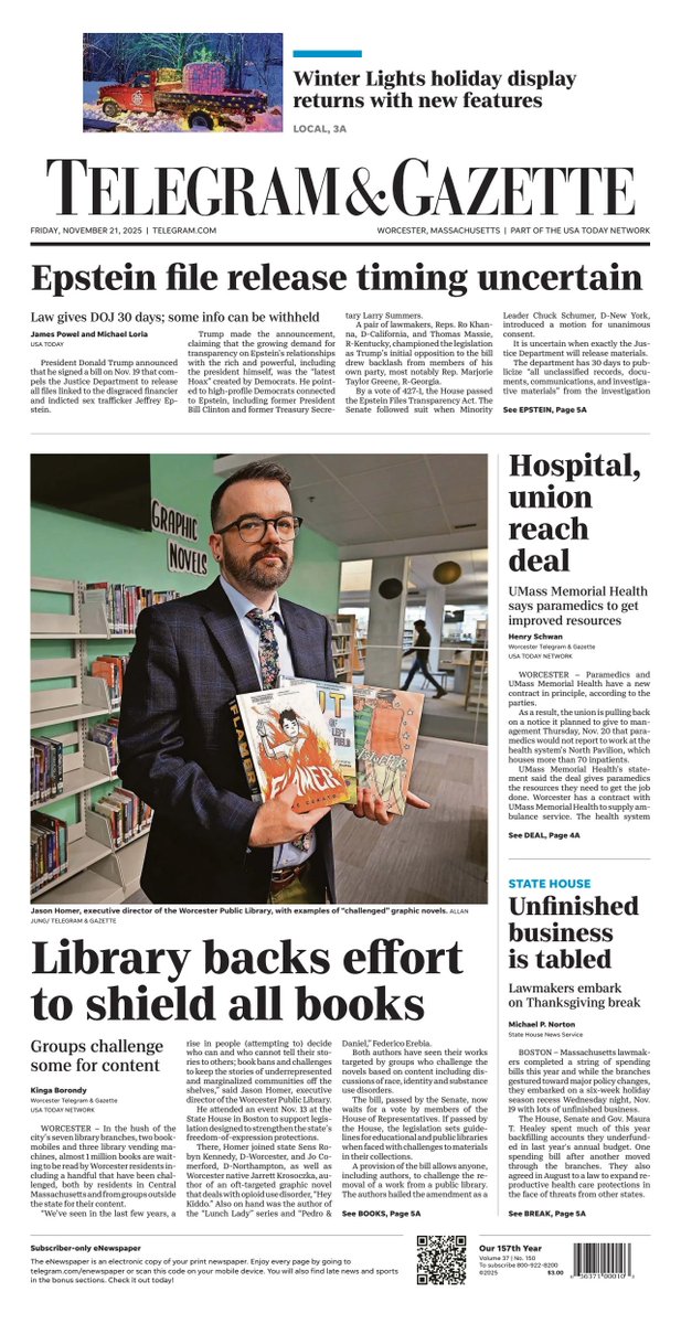 ukpapers's tweet image. 🇺🇸 Library Backs Effort To Shield All Books

▫Shelf lives: Worcester library backs state legislation to shield &apos;challenged&apos; books
▫Kinga Borondy
▫is.gd/UMuEYm

#frontpagestoday #USA @telegramdotcom 🇺🇸