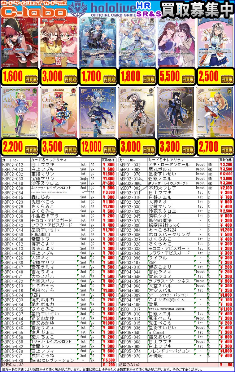 ホロカ 買取情報① 】 本日のホロライブカードの買取表になっており